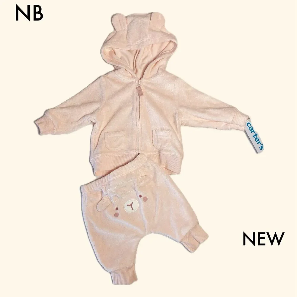 Carter's Newborn Baby Girl Pink Velour Fleece Hoodie Llama Pants Set NWT